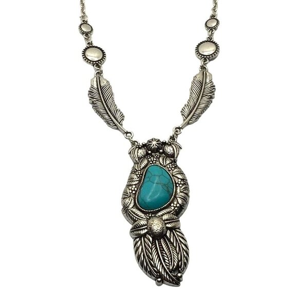 Boho Necklace Faux Turqoise Center Adjustable Length Silver Tone Blue - Picture 3 of 4